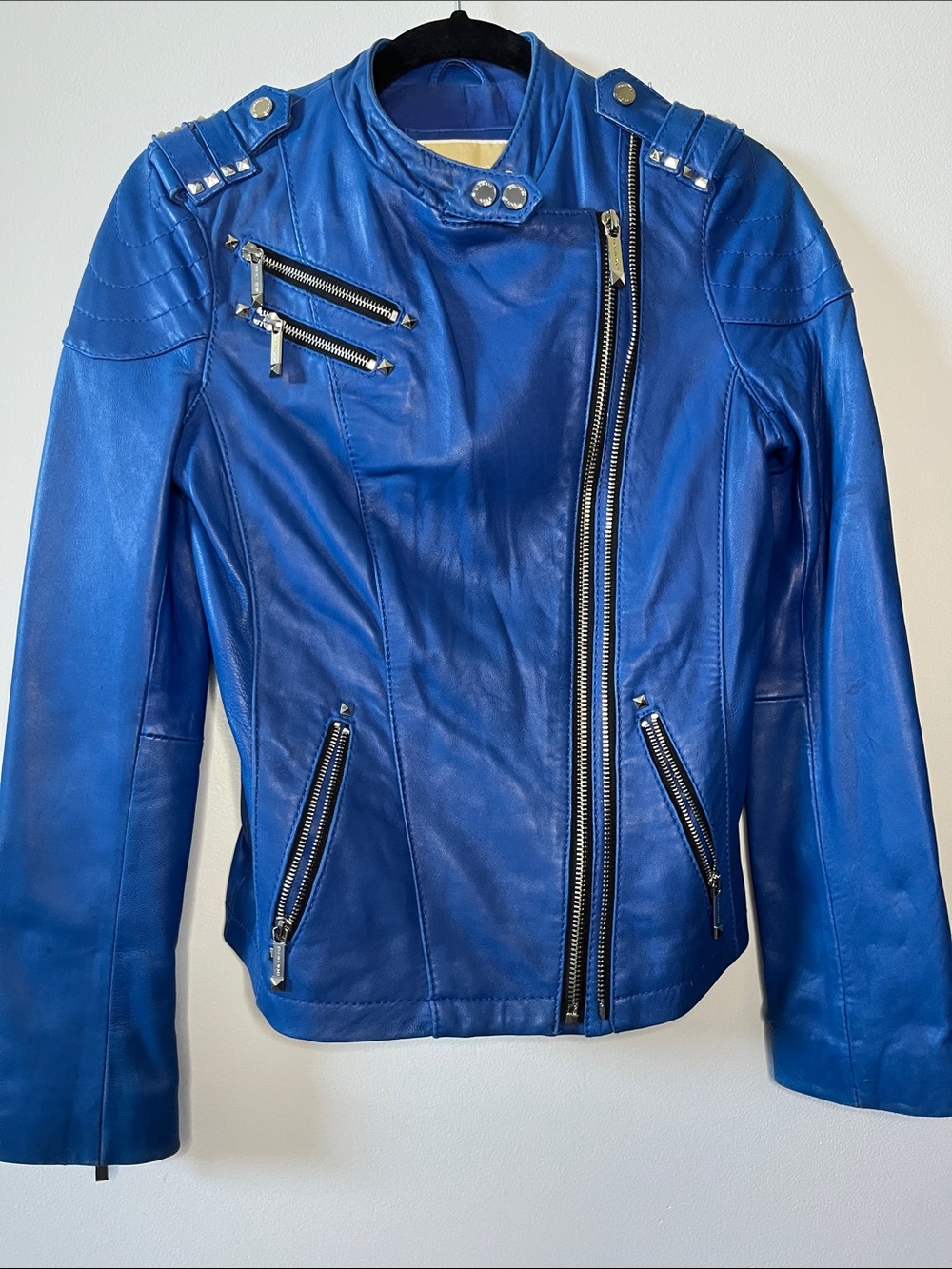 Michael Kors royal blue leather studded biker jacket